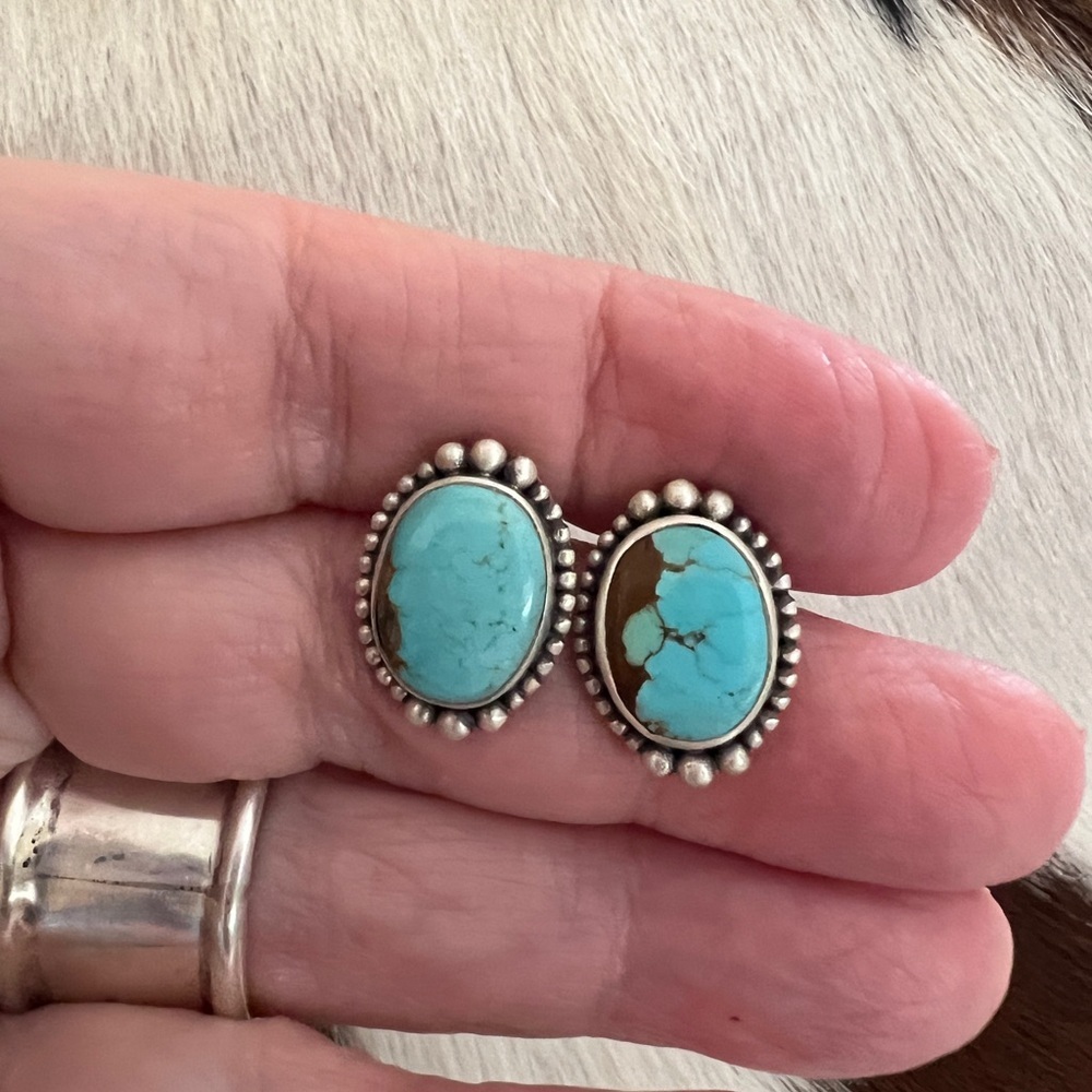 ❤️ #8 Mine Turquoise Navajo Style Matte Brushed 925 Upscale Stud Earrings 5.2 Gm - Picture 4 of 12